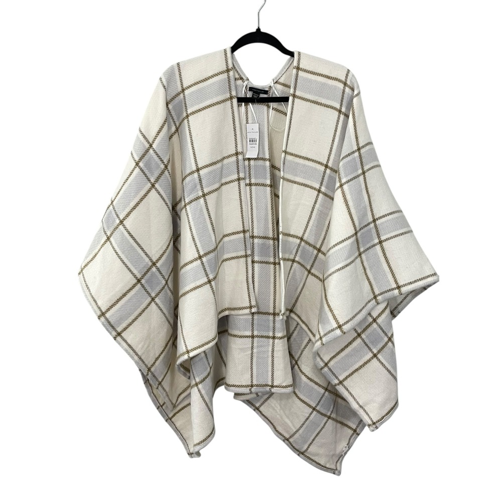 NWT Ann Taylor One Size Cream Plaid Poncho‎ Cape Wrap Sweater Knit Blanket Shawl